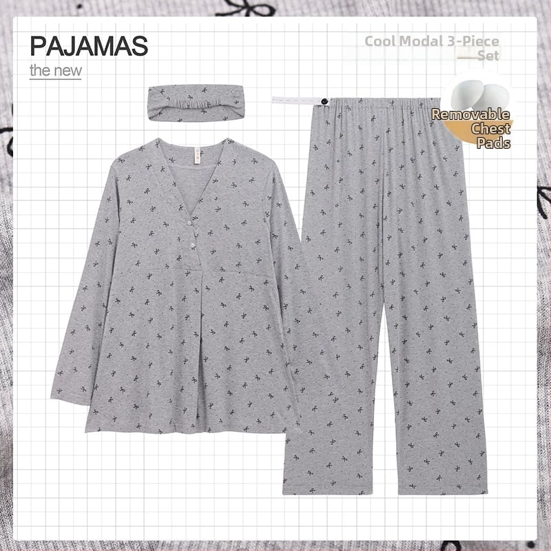 Grūtnieču nakts komplekts ar noņemamiem zīdīšanas spilventiem – trīsdaļīgs komplekts, modalais dzesējošais audums, 90–95% viskozes, V-veida kakla izgriezums