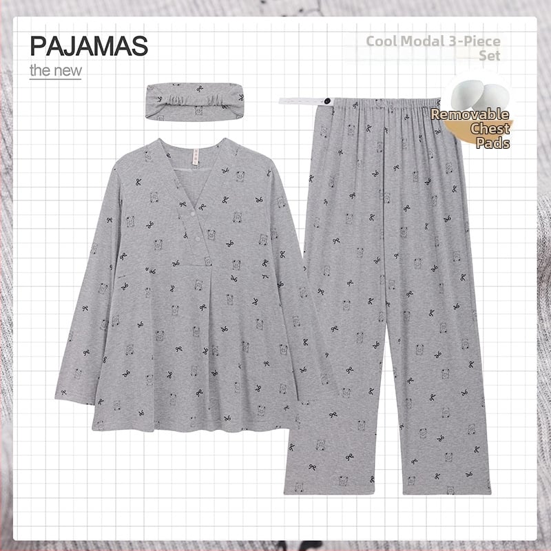 Grūtnieču nakts komplekts ar noņemamiem zīdīšanas spilventiem – trīsdaļīgs komplekts, modalais dzesējošais audums, 90–95% viskozes, V-veida kakla izgriezums