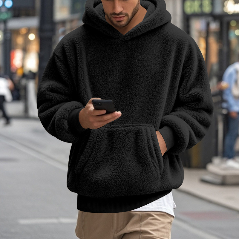 Muška dukserica s kapuljom od flisa, slobodan kroj, 100% poliester, džep s patchom, zimski model