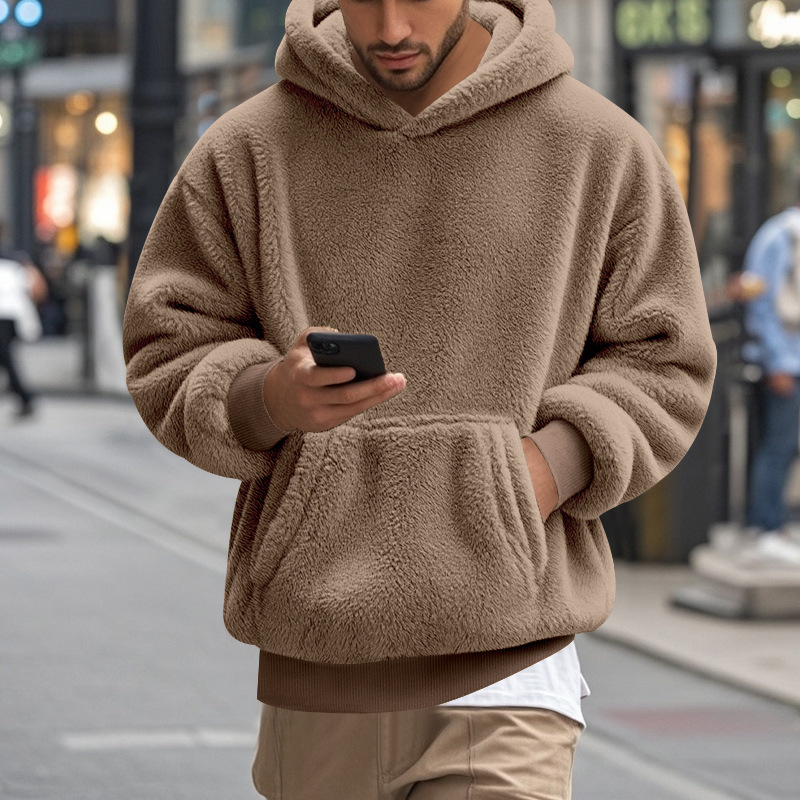 Muška dukserica s kapuljom od flisa, slobodan kroj, 100% poliester, džep s patchom, zimski model