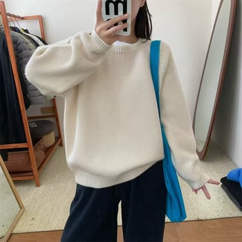 Свитер (пуловер) с свободен силует, кръгло деколте, плътен трикотаж, полиестер със спандекс, японско-корейски ежедневен стил