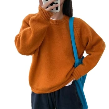 Свитер (пуловер) с свободен силует, кръгло деколте, плътен трикотаж, полиестер със спандекс, японско-корейски ежедневен стил