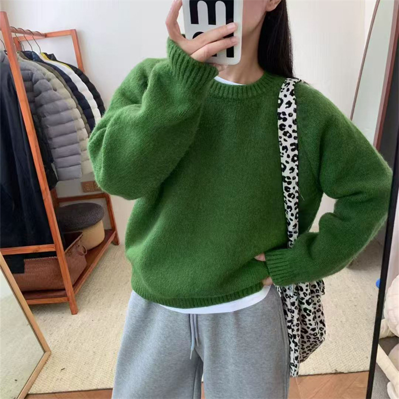 Свитер (пуловер) с свободен силует, кръгло деколте, плътен трикотаж, полиестер със спандекс, японско-корейски ежедневен стил