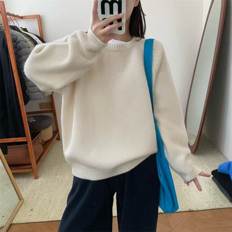 Свитер (пуловер) с свободен силует, кръгло деколте, плътен трикотаж, полиестер със спандекс, японско-корейски ежедневен стил