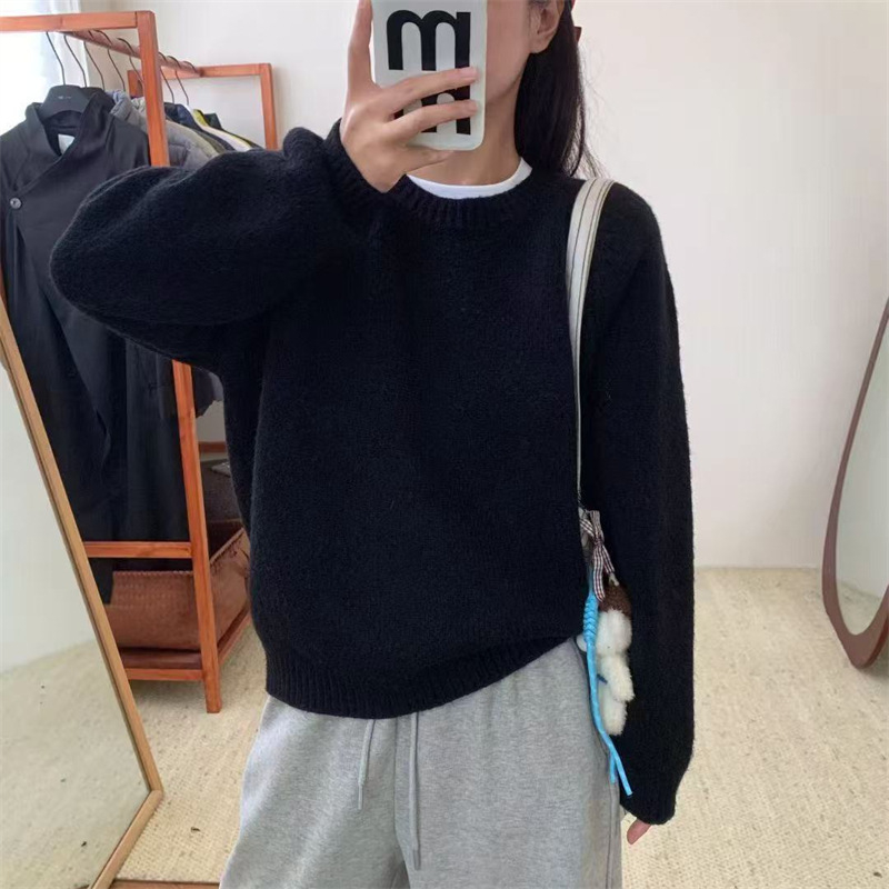 Свитер (пуловер) с свободен силует, кръгло деколте, плътен трикотаж, полиестер със спандекс, японско-корейски ежедневен стил