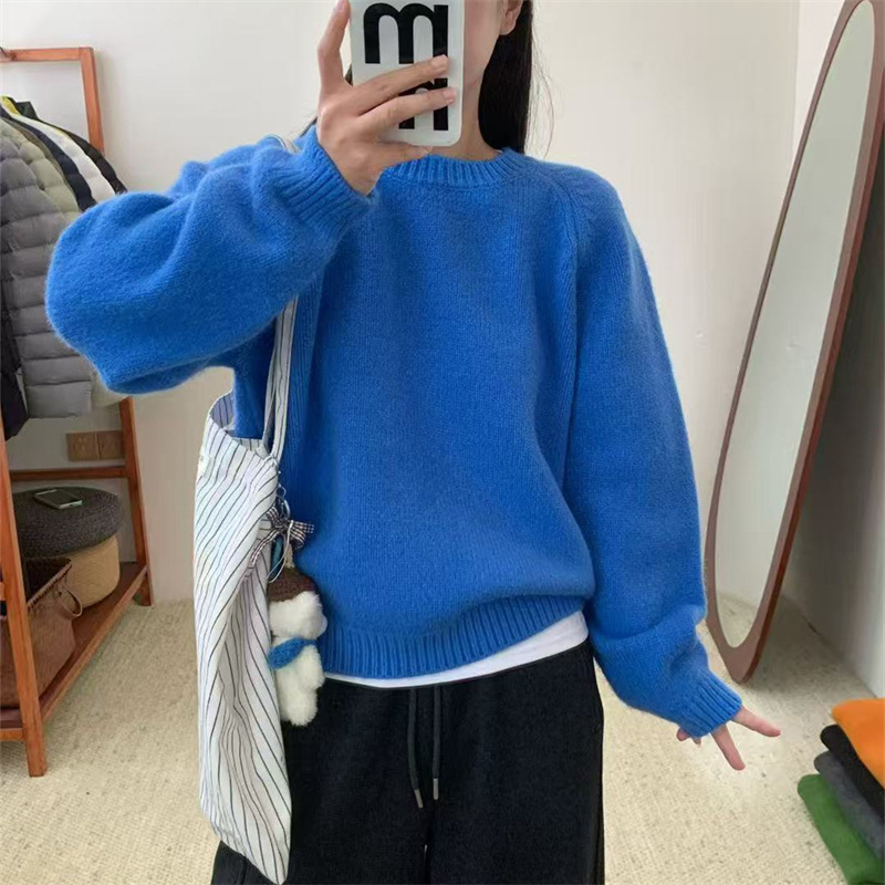 Свитер (пуловер) с свободен силует, кръгло деколте, плътен трикотаж, полиестер със спандекс, японско-корейски ежедневен стил