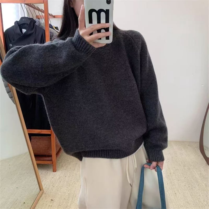 Свитер (пуловер) с свободен силует, кръгло деколте, плътен трикотаж, полиестер със спандекс, японско-корейски ежедневен стил