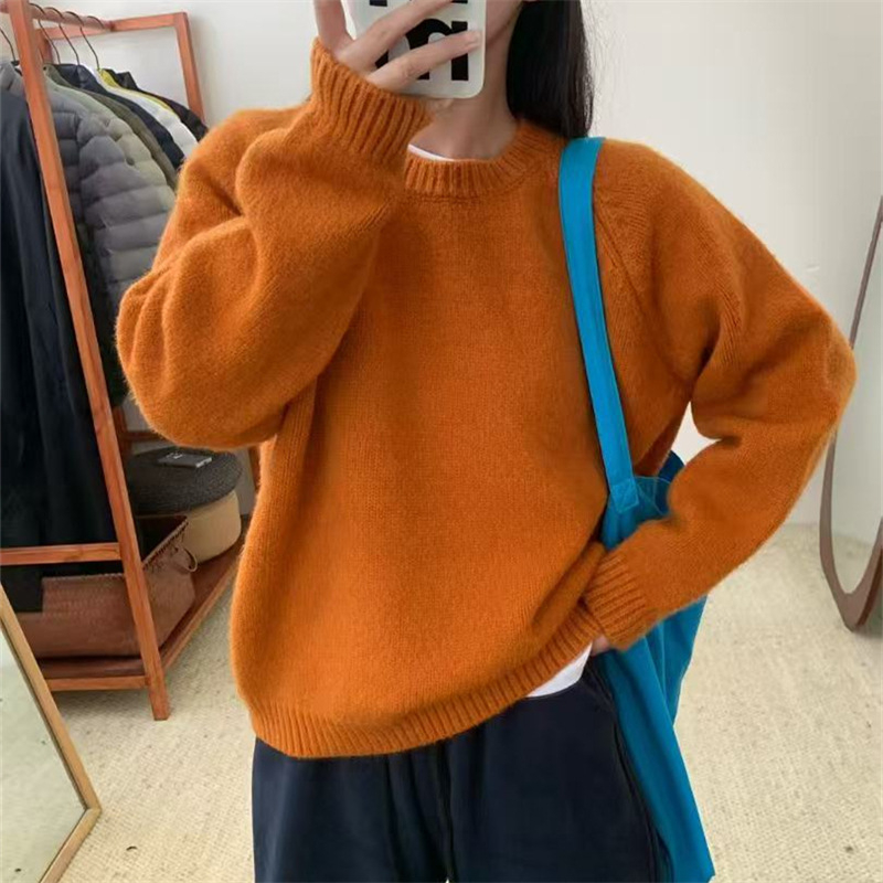 Свитер (пуловер) с свободен силует, кръгло деколте, плътен трикотаж, полиестер със спандекс, японско-корейски ежедневен стил