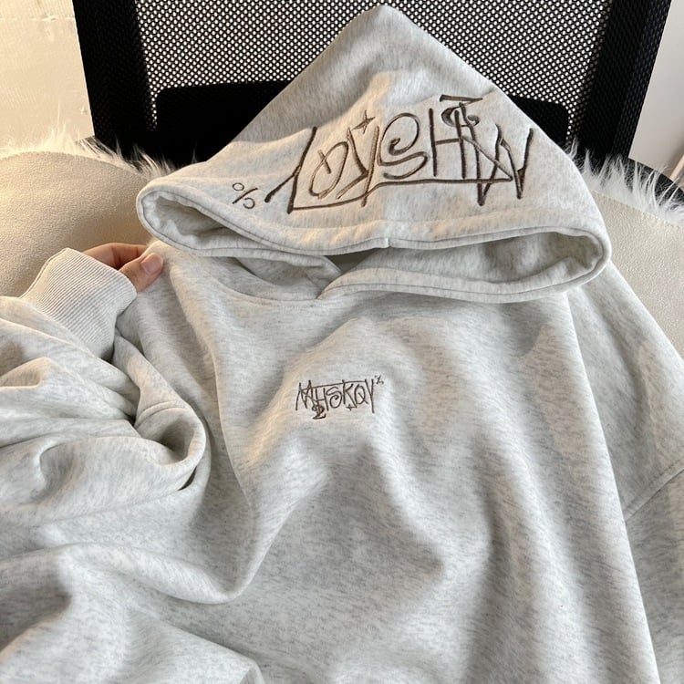 Φούτερ με κουκούλα, κεντημένα γράμματα, εσωτερική επένδυση από φλίς, χαλαρή γραμμή, πολυεστέρας