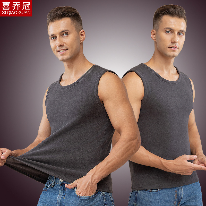 Vesta termică pentru bărbați cu căptușeală de fleece, dublu strat, guler rotund, stil pulover, poliester