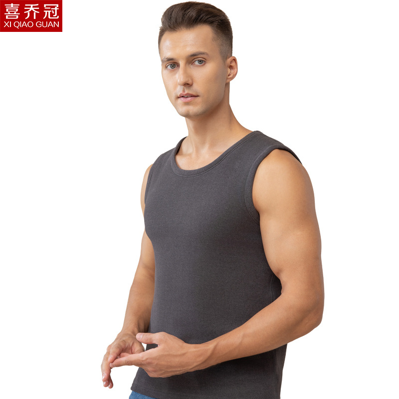 Vesta termică pentru bărbați cu căptușeală de fleece, dublu strat, guler rotund, stil pulover, poliester