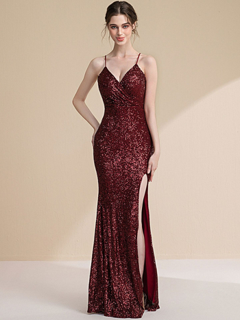 Vakarinių suknelė - aukštos kokybės blizgučiai, žuvies uodegos siluetas, ilga, be rankovių, petnešėlių tipo sling