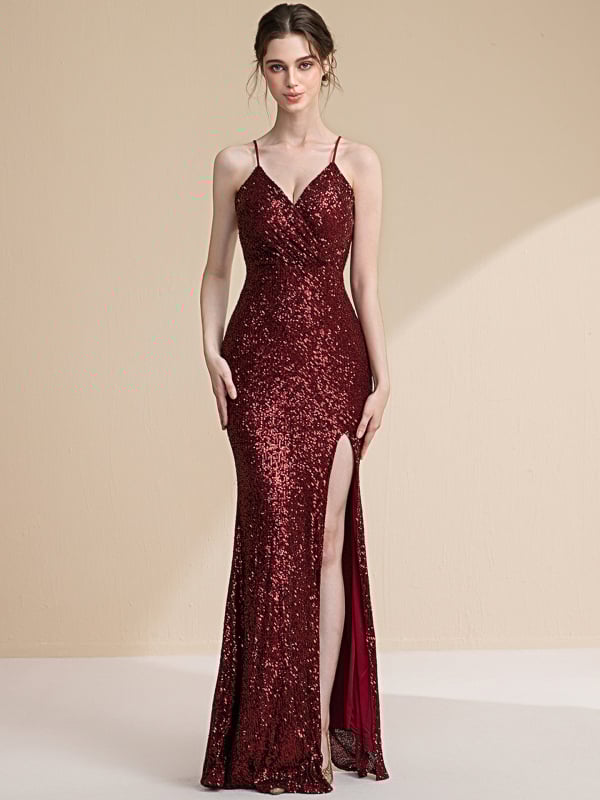 Õhtukleit - kõrgkvaliteediga sädelevad pallettes, kalasaba siluett, pikk, ilma varrukateta, rihmade sling-tüüpi