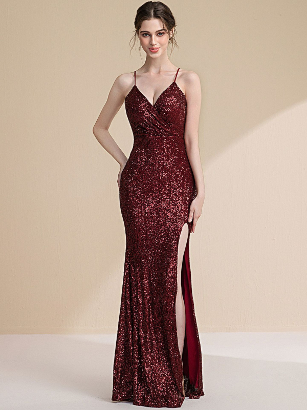 Vakarinių suknelė - aukštos kokybės blizgučiai, žuvies uodegos siluetas, ilga, be rankovių, petnešėlių tipo sling