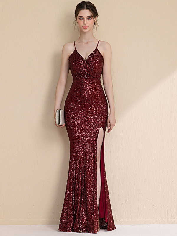 Vakarinių suknelė - aukštos kokybės blizgučiai, žuvies uodegos siluetas, ilga, be rankovių, petnešėlių tipo sling