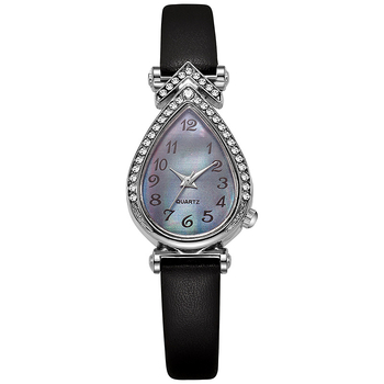 Női karóra vízcsepp alakú számlappal, kvarc működés, műbőr szíj, ötvözetes tokozás, rozsdamentes acél csat