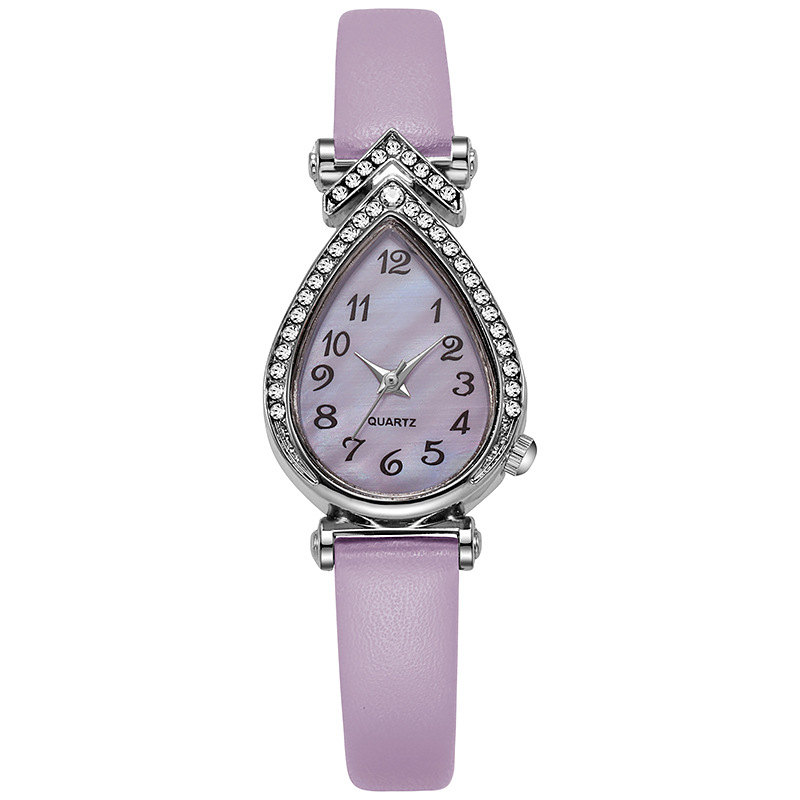 Női karóra vízcsepp alakú számlappal, kvarc működés, műbőr szíj, ötvözetes tokozás, rozsdamentes acél csat