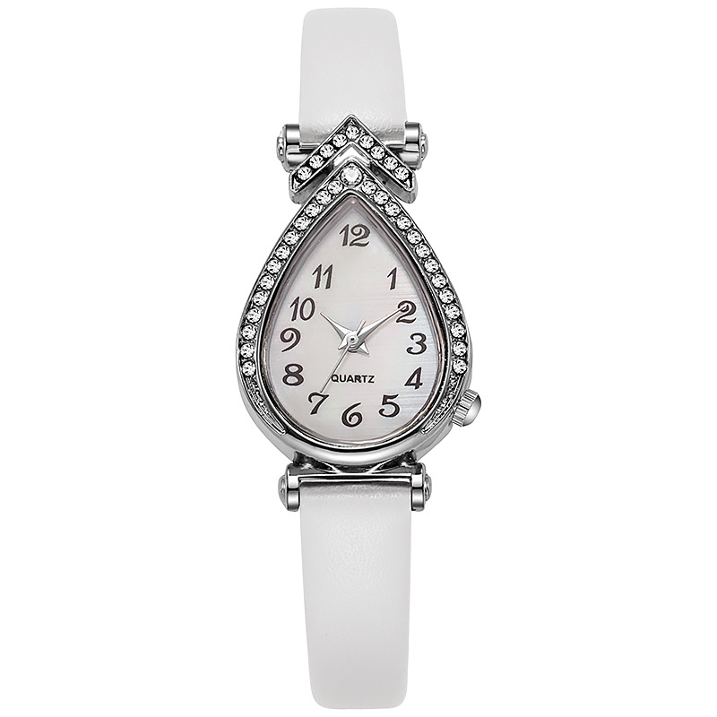 Női karóra vízcsepp alakú számlappal, kvarc működés, műbőr szíj, ötvözetes tokozás, rozsdamentes acél csat