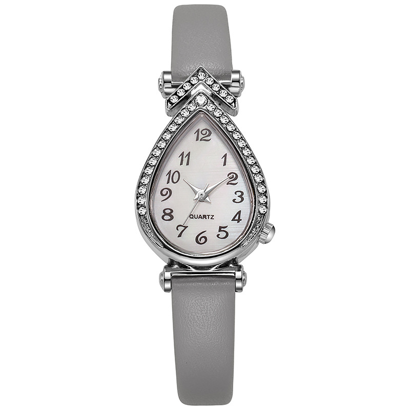 Női karóra vízcsepp alakú számlappal, kvarc működés, műbőr szíj, ötvözetes tokozás, rozsdamentes acél csat