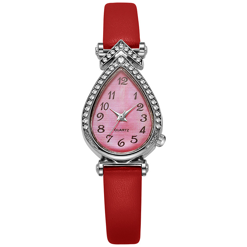 Női karóra vízcsepp alakú számlappal, kvarc működés, műbőr szíj, ötvözetes tokozás, rozsdamentes acél csat