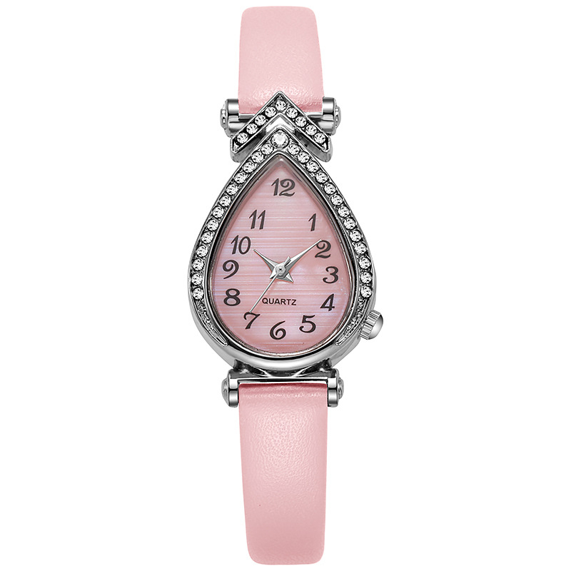 Női karóra vízcsepp alakú számlappal, kvarc működés, műbőr szíj, ötvözetes tokozás, rozsdamentes acél csat