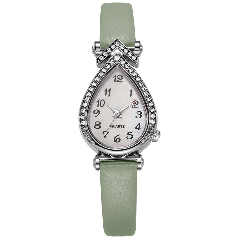 Női karóra vízcsepp alakú számlappal, kvarc működés, műbőr szíj, ötvözetes tokozás, rozsdamentes acél csat