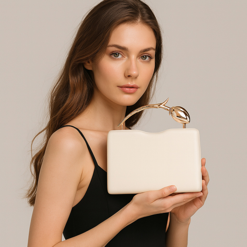 PU clutch torba s oblikom ruže, kutijasti stil, ovalni oblik, magnetska kopča, džep za mobitel