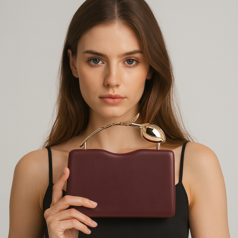 PU clutch torba s oblikom ruže, kutijasti stil, ovalni oblik, magnetska kopča, džep za mobitel