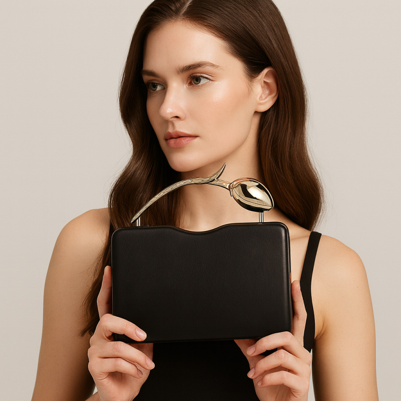 PU clutch torba s oblikom ruže, kutijasti stil, ovalni oblik, magnetska kopča, džep za mobitel
