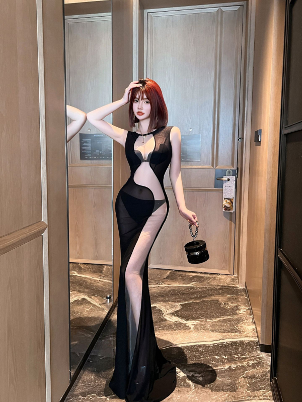 Klubi võrgukangas elastaaniga kleit, läbipaistva, pikk, lühikese sabaga stiil, 80–90% elastaani, suvi 2024