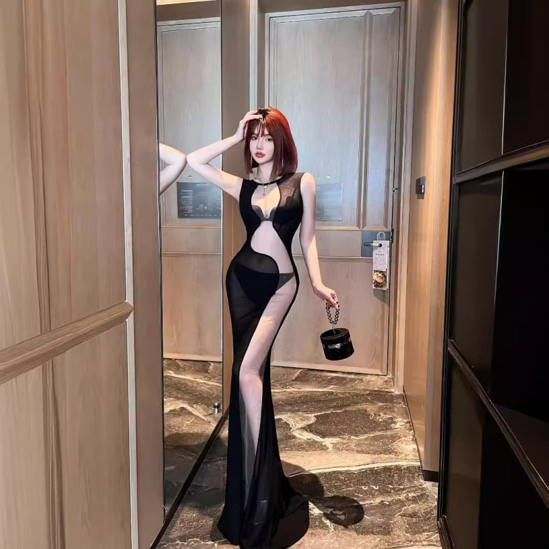 Klubi võrgukangas elastaaniga kleit, läbipaistva, pikk, lühikese sabaga stiil, 80–90% elastaani, suvi 2024