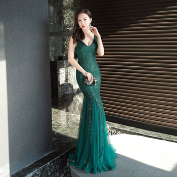 Kalinnu večernja haljina za žene, novi banket stil, elegantna duga haljina s fishtail siluetom i šljokicama, duboki V-izrez, bez rukava, poliester-spandeks smjesa