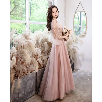 Vakarinių suknelė banketui, A linijos siluetas, vidurinis liemuo, balioninės ilgos rankovės, ilga suknelė