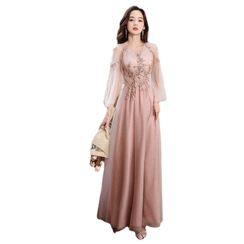 Vakarinių suknelė banketui, A linijos siluetas, vidurinis liemuo, balioninės ilgos rankovės, ilga suknelė