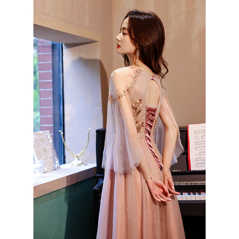 Vakarinių suknelė banketui, A linijos siluetas, vidurinis liemuo, balioninės ilgos rankovės, ilga suknelė