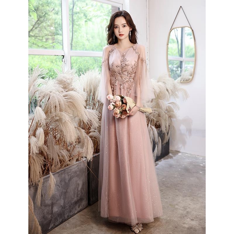 Vakarinių suknelė banketui, A linijos siluetas, vidurinis liemuo, balioninės ilgos rankovės, ilga suknelė