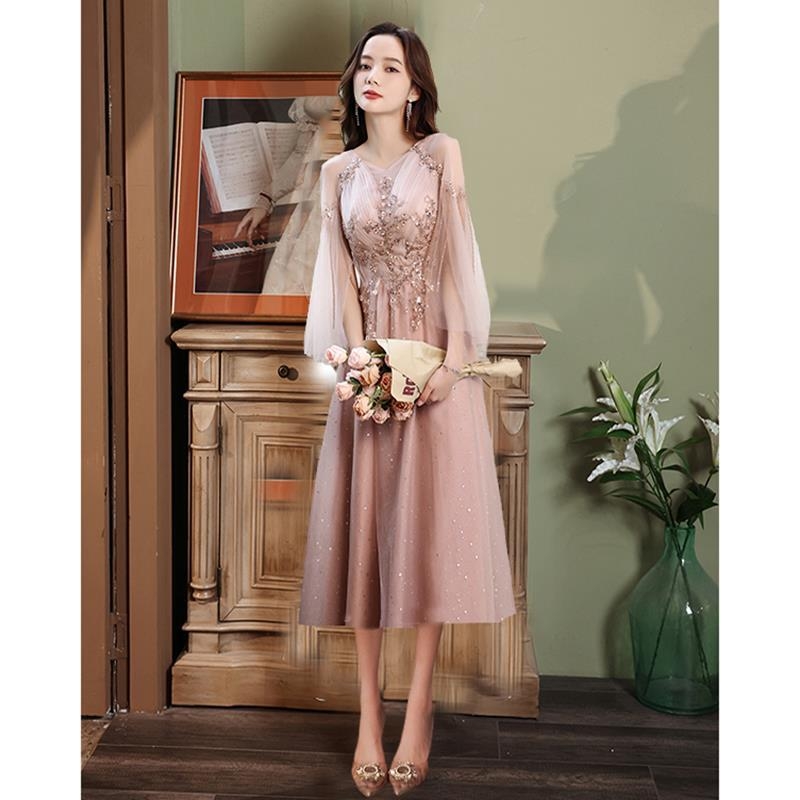 Vakarinių suknelė banketui, A linijos siluetas, vidurinis liemuo, balioninės ilgos rankovės, ilga suknelė