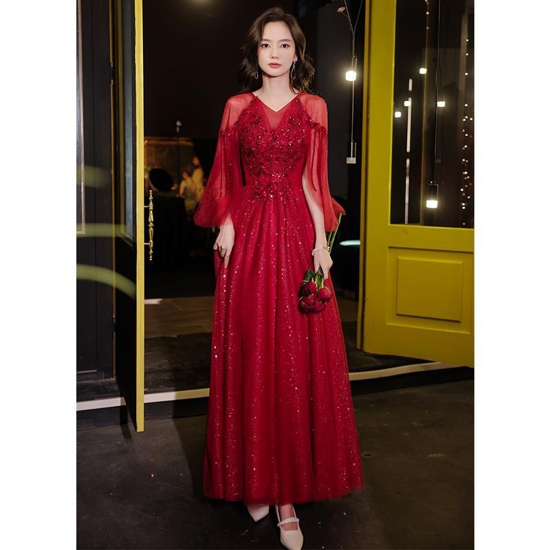 Vakarinių suknelė banketui, A linijos siluetas, vidurinis liemuo, balioninės ilgos rankovės, ilga suknelė