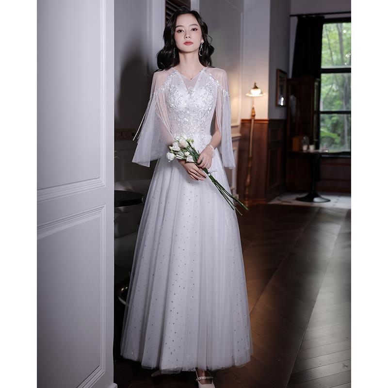 Vakarinių suknelė banketui, A linijos siluetas, vidurinis liemuo, balioninės ilgos rankovės, ilga suknelė