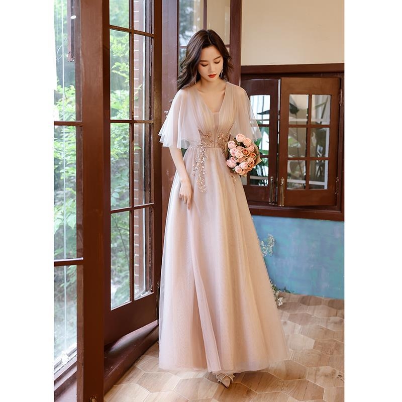 Vakarinių suknelė banketui, A linijos siluetas, vidurinis liemuo, balioninės ilgos rankovės, ilga suknelė