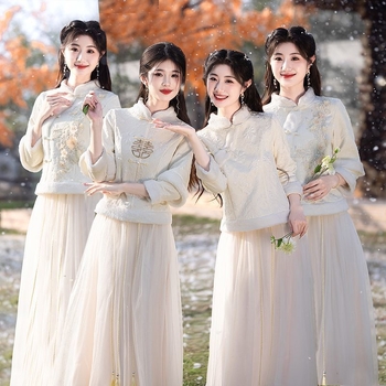 Jaunųjų pagalbininkės suknelė naujo kiniško stiliaus, vieno peties, A-line, ilga suknelė, poliesteris