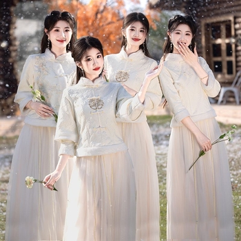 Jaunųjų pagalbininkės suknelė naujo kiniško stiliaus, vieno peties, A-line, ilga suknelė, poliesteris