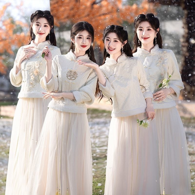 Jaunųjų pagalbininkės suknelė naujo kiniško stiliaus, vieno peties, A-line, ilga suknelė, poliesteris