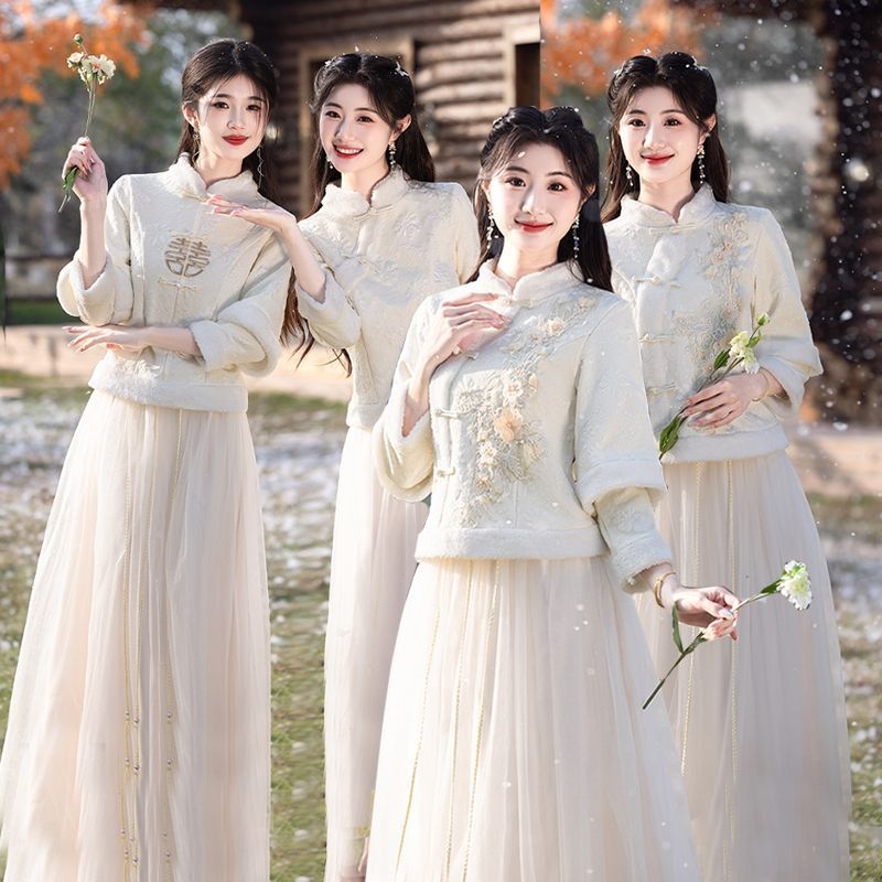 Jaunųjų pagalbininkės suknelė naujo kiniško stiliaus, vieno peties, A-line, ilga suknelė, poliesteris