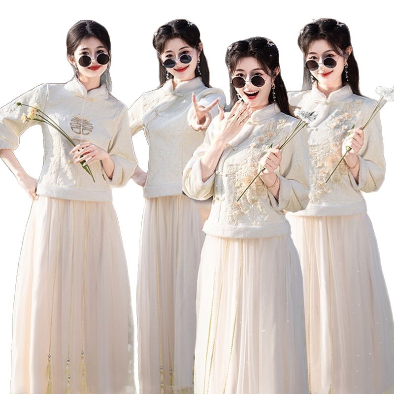 Jaunųjų pagalbininkės suknelė naujo kiniško stiliaus, vieno peties, A-line, ilga suknelė, poliesteris