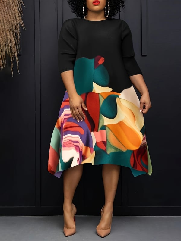 Suknelė su abstrakčiu raštu, apvalus kaklo kraštas, 7/8 rankovės, pieštuko siluetas, 90-95% poliesteris