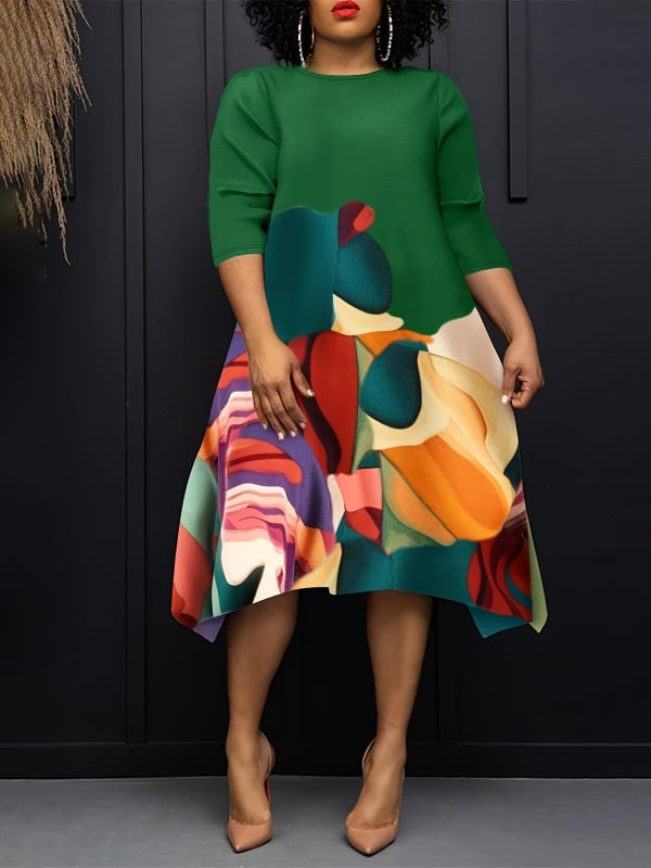Suknelė su abstrakčiu raštu, apvalus kaklo kraštas, 7/8 rankovės, pieštuko siluetas, 90-95% poliesteris