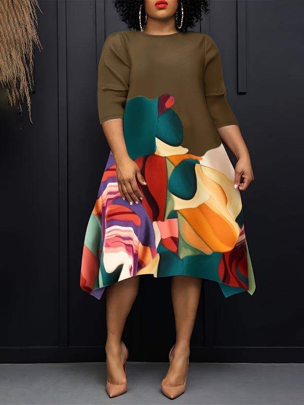 Suknelė su abstrakčiu raštu, apvalus kaklo kraštas, 7/8 rankovės, pieštuko siluetas, 90-95% poliesteris