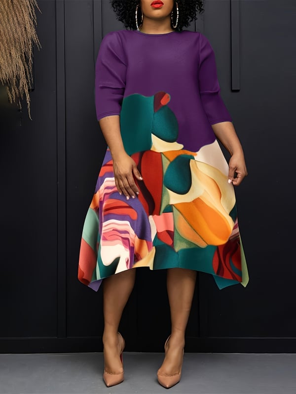 Suknelė su abstrakčiu raštu, apvalus kaklo kraštas, 7/8 rankovės, pieštuko siluetas, 90-95% poliesteris