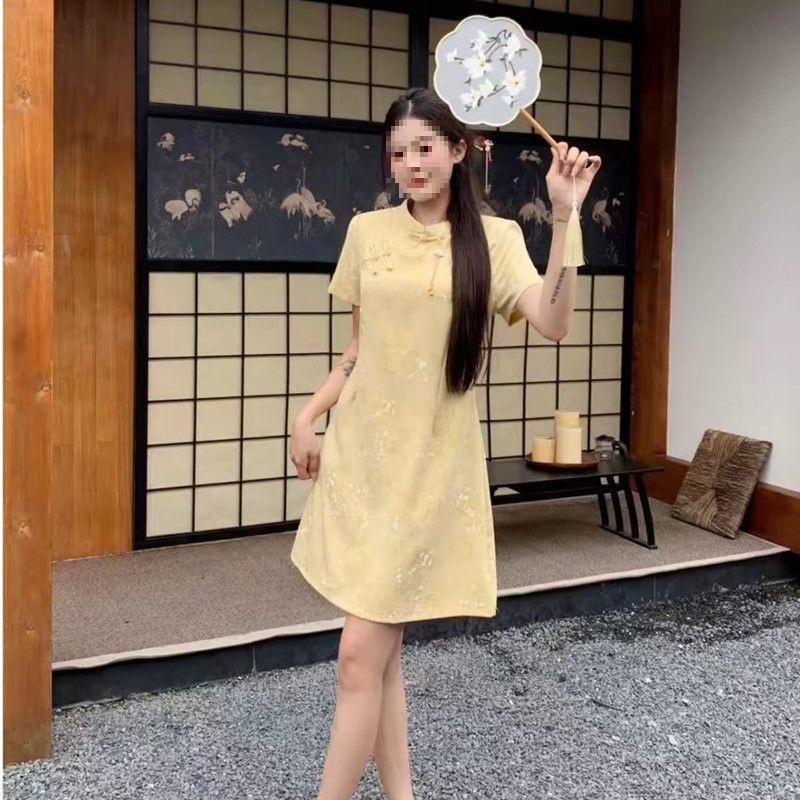 Moteriška suknelė su A linija, liemens išryškinimas, trumpomis rankovėmis, stačios apykaklės, rayon audinys